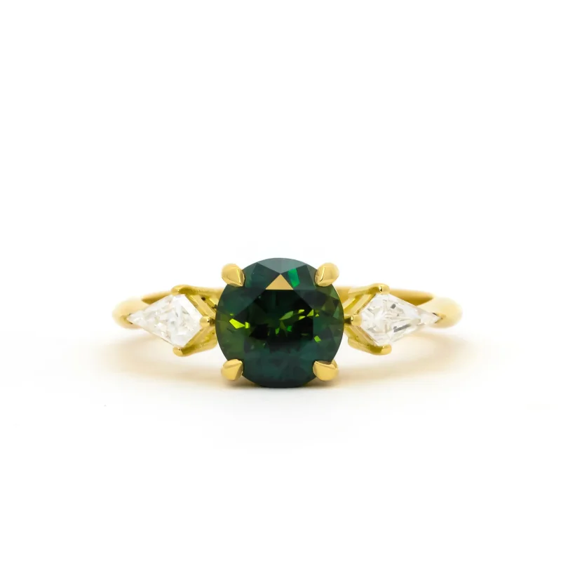 Round Green Sapphire Trilogy Engagement Ring with Kite Diamonds