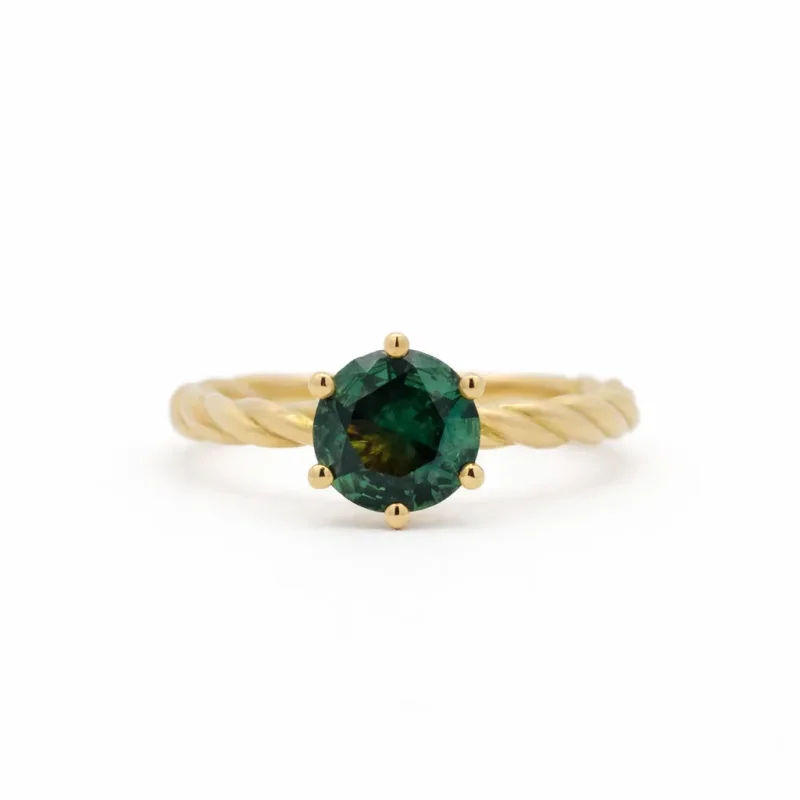 Twisted Engagement Ring with Round Blue/Green Sapphire