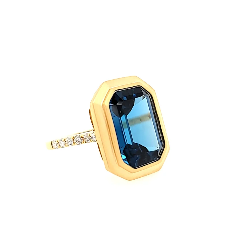 Yellow Gold Satin Finish London Blue Topaz Ring (I7734)
