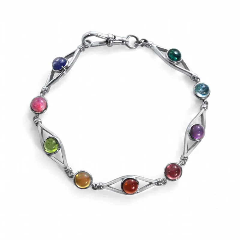 Sterling Silver Eclipse Collection Bracelet – With Multi-Coloured Cabochon Gem Stones